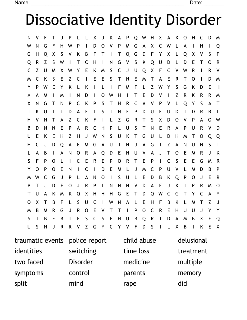 Dissociative Identity Disorder Word Search