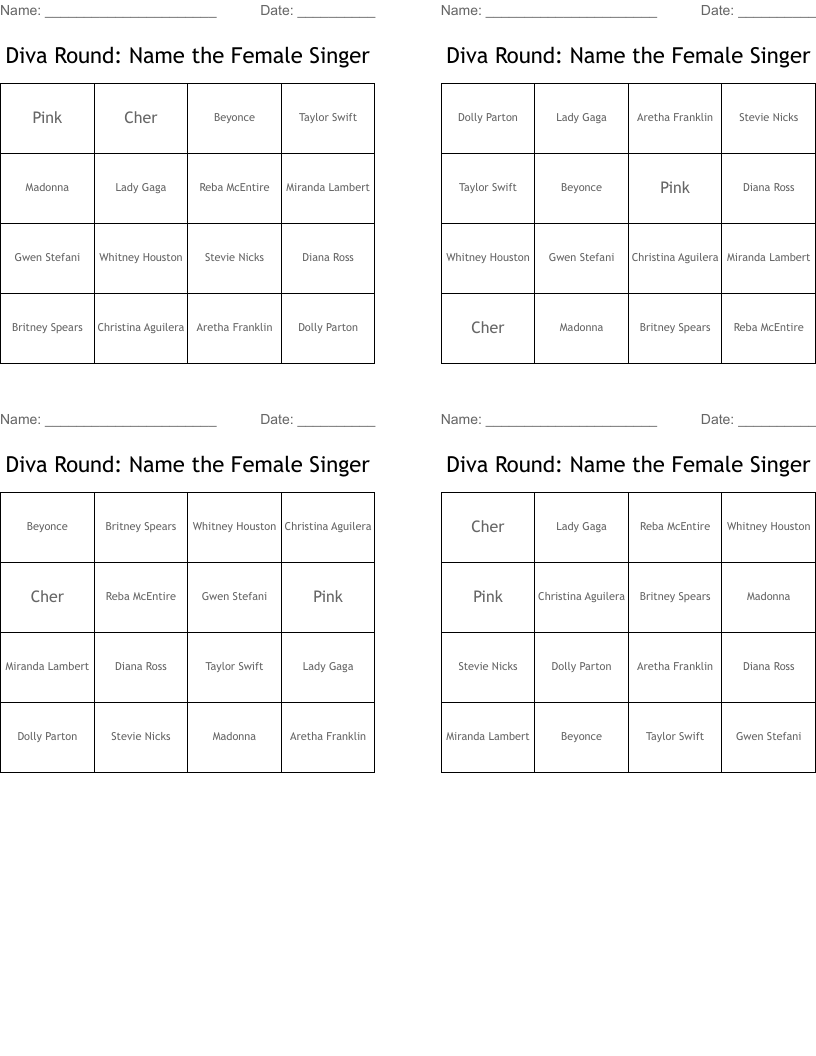Diva Round: Name the Female Singer Bingo Cards