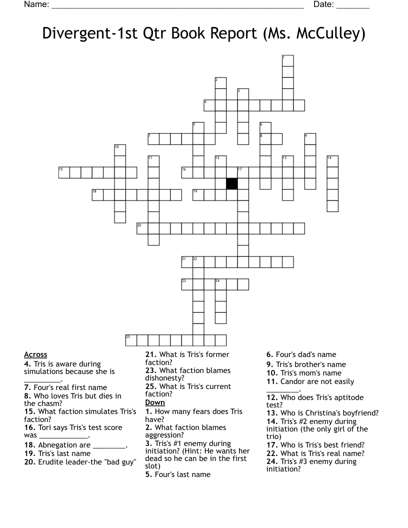 Divergent-1st Qtr Book Report (Ms. McCulley) Crossword