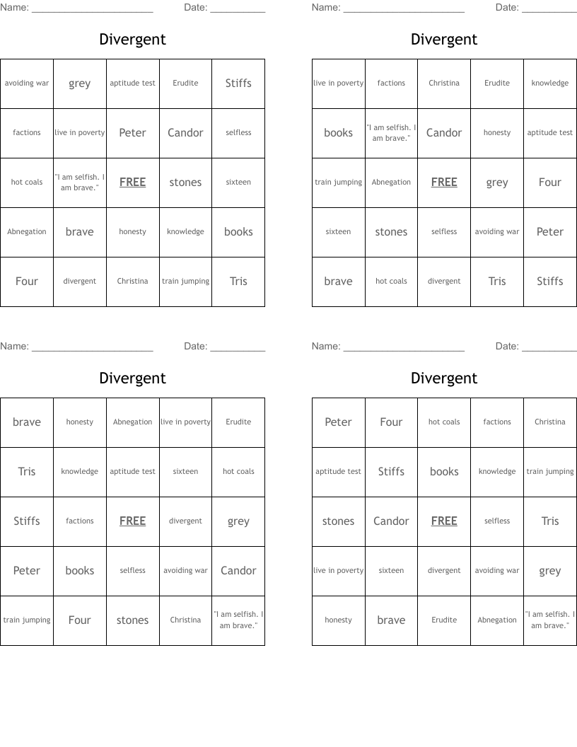 Divergent Bingo Cards