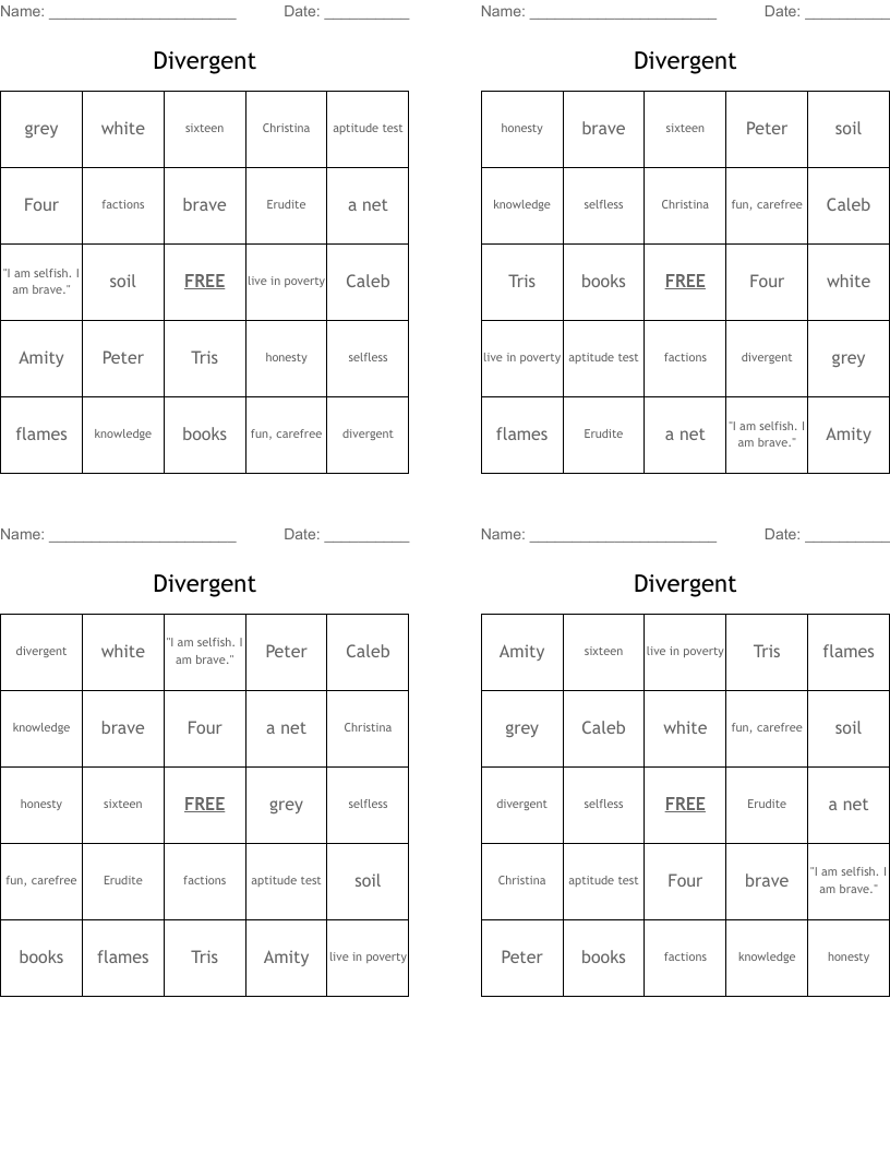 Divergent Bingo Cards