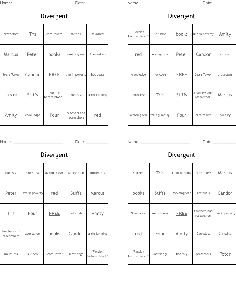 Divergent Bingo Cards