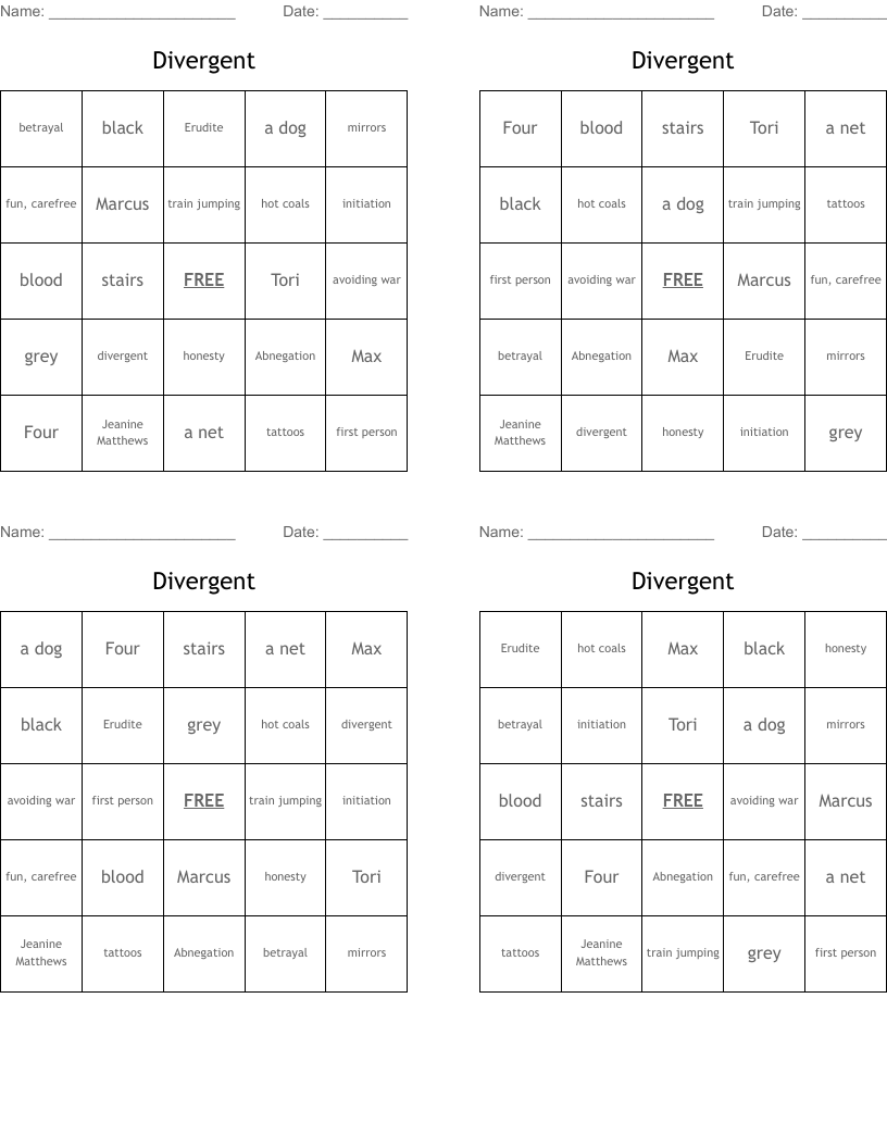 Divergent Bingo Cards