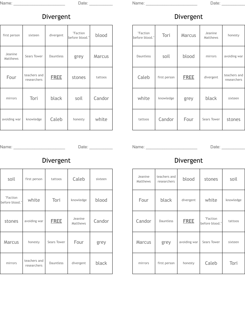 Divergent Bingo Cards