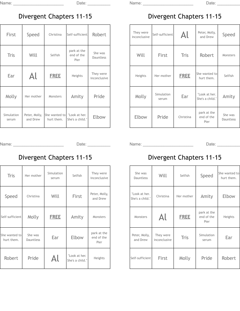 Divergent Chapters 11-15 Bingo Cards