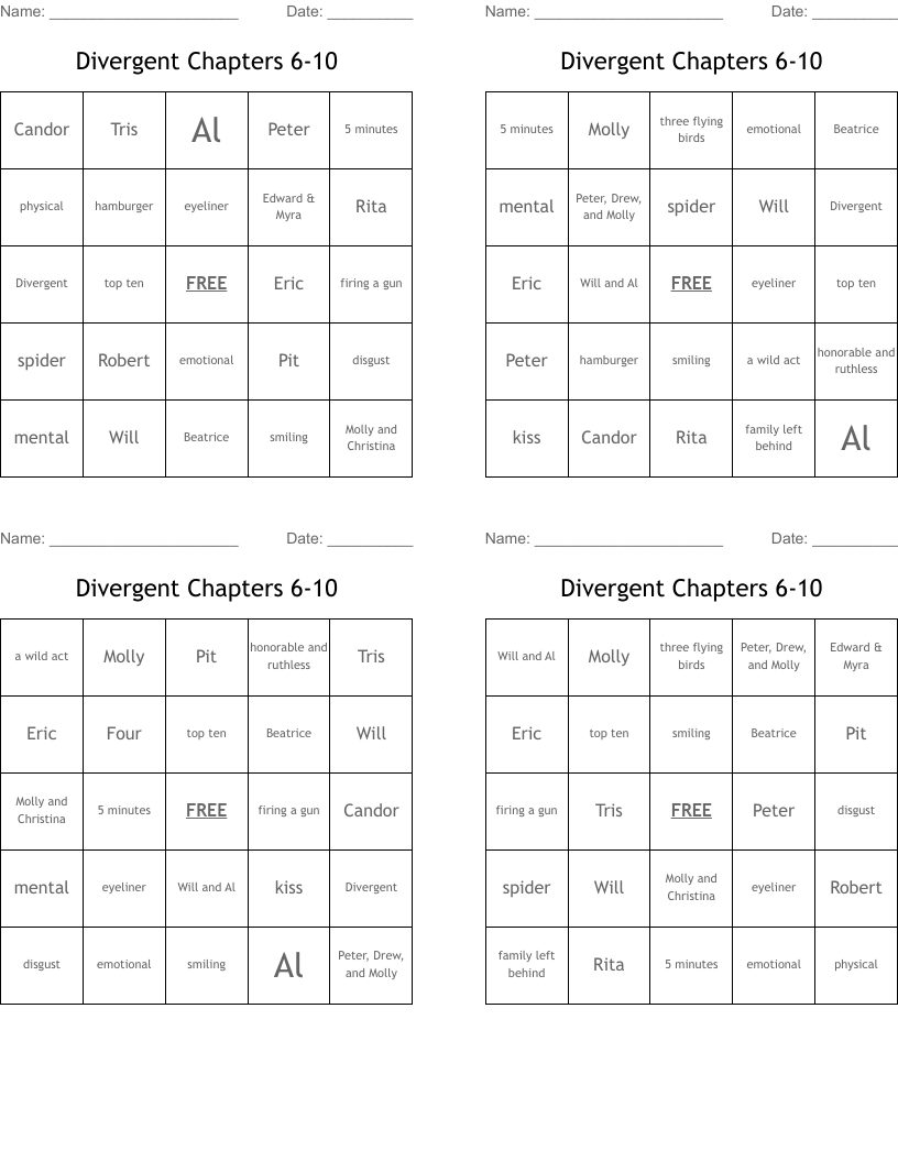 Divergent Chapters 6-10 Bingo Cards