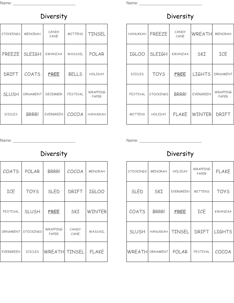 Diversity Bingo Cards