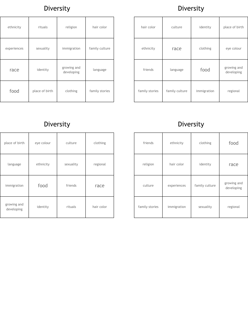 Diversity Bingo Cards