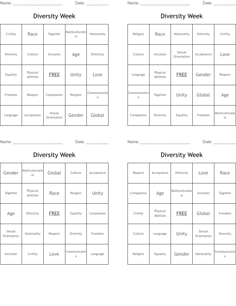 Diversity Week Bingo Cards