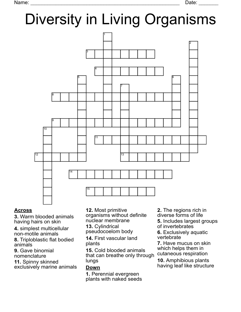 Diversity in Living Organisms Crossword
