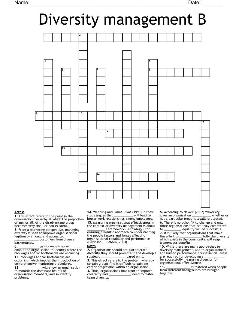 Diversity management B Crossword