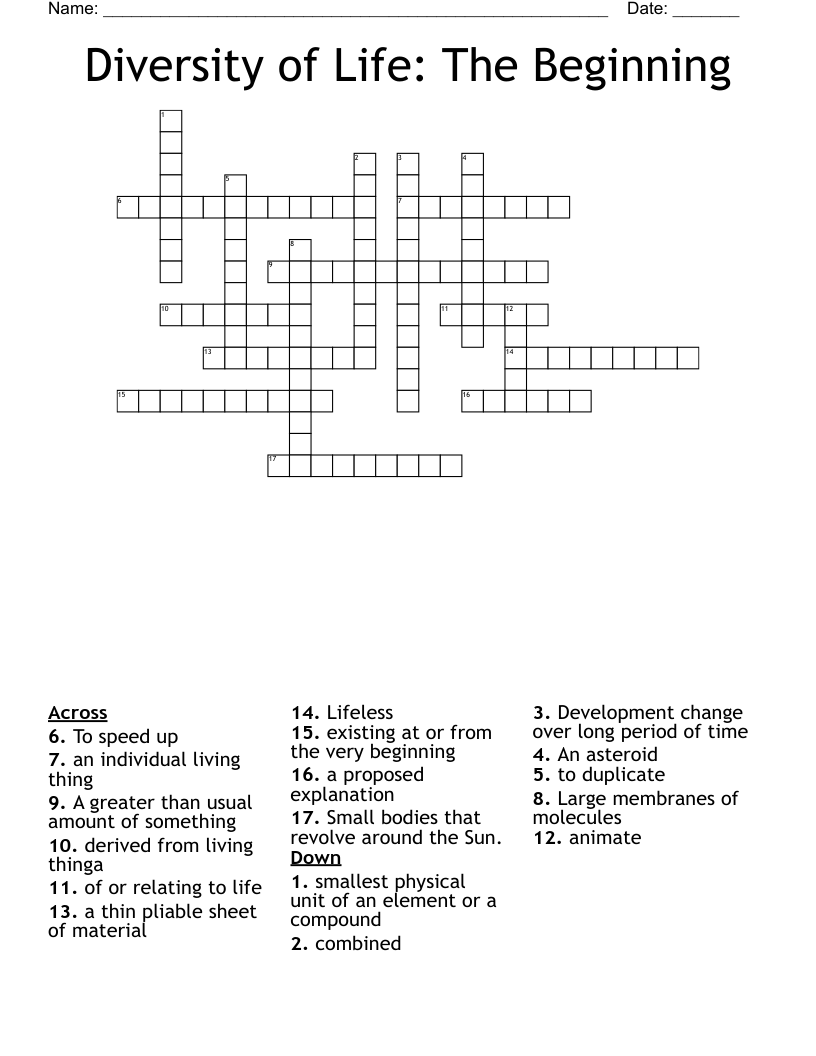 Diversity of Life: The Beginning Crossword