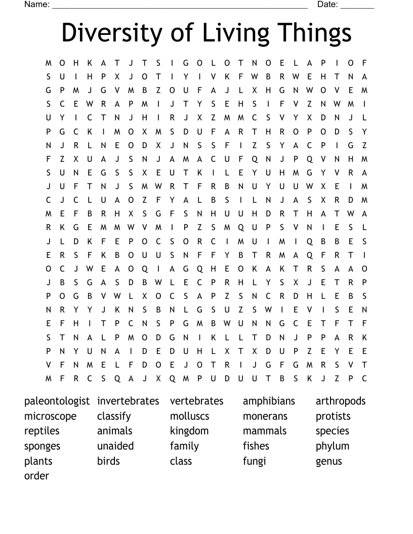 Diversity of Living Things Word Search