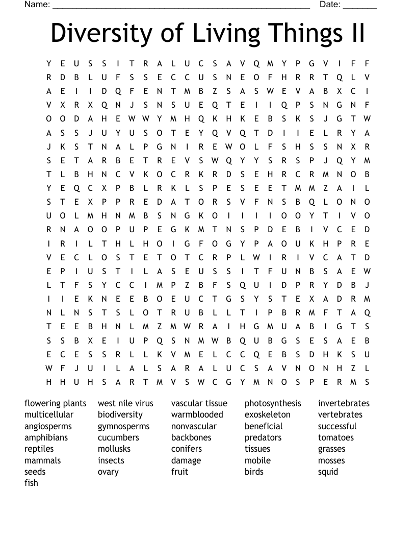 Diversity of Living Things II Word Search