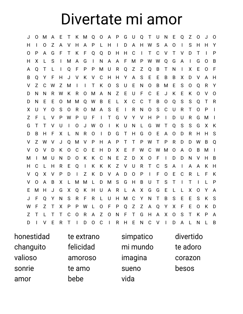 Divertate mi amor Word Search