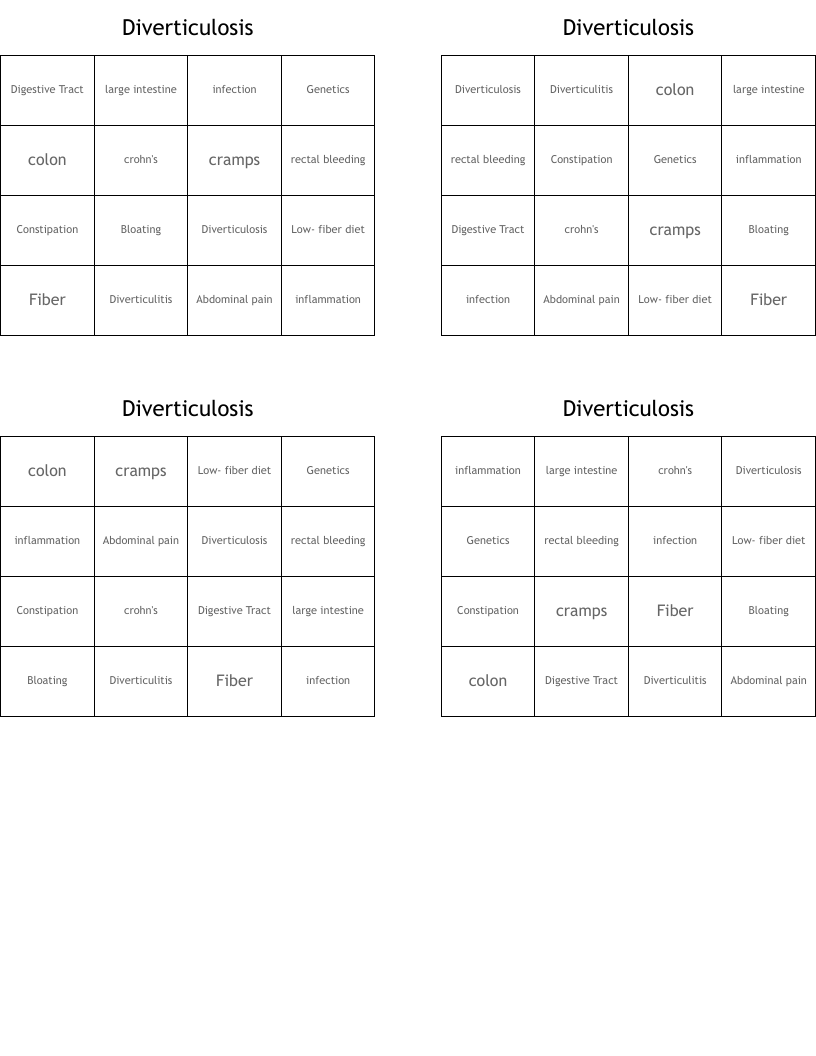Diverticulosis Bingo Cards