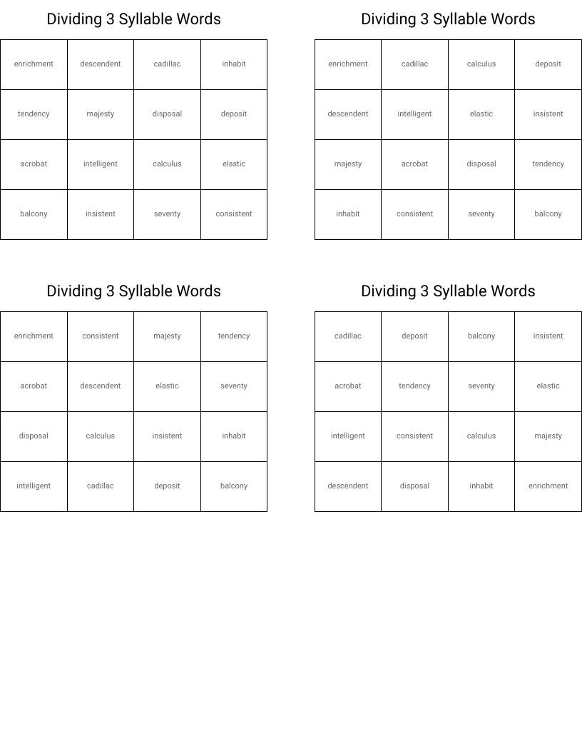 Dividing 3 Syllable Words Bingo Cards