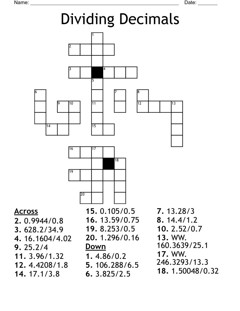Dividing Decimals Crossword