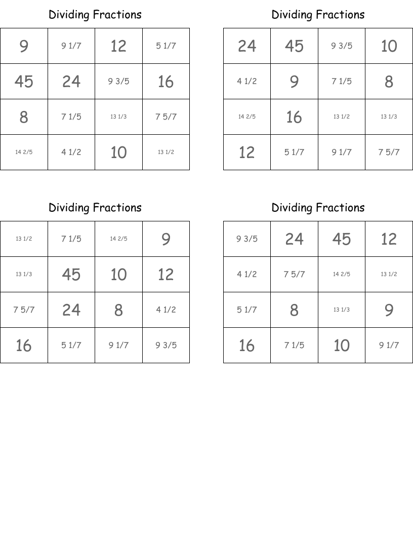Dividing Fractions Bingo Cards