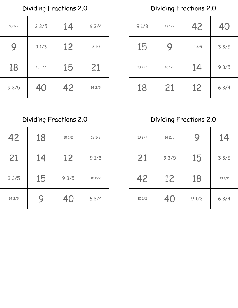 Dividing Fractions 2.0 Bingo Cards