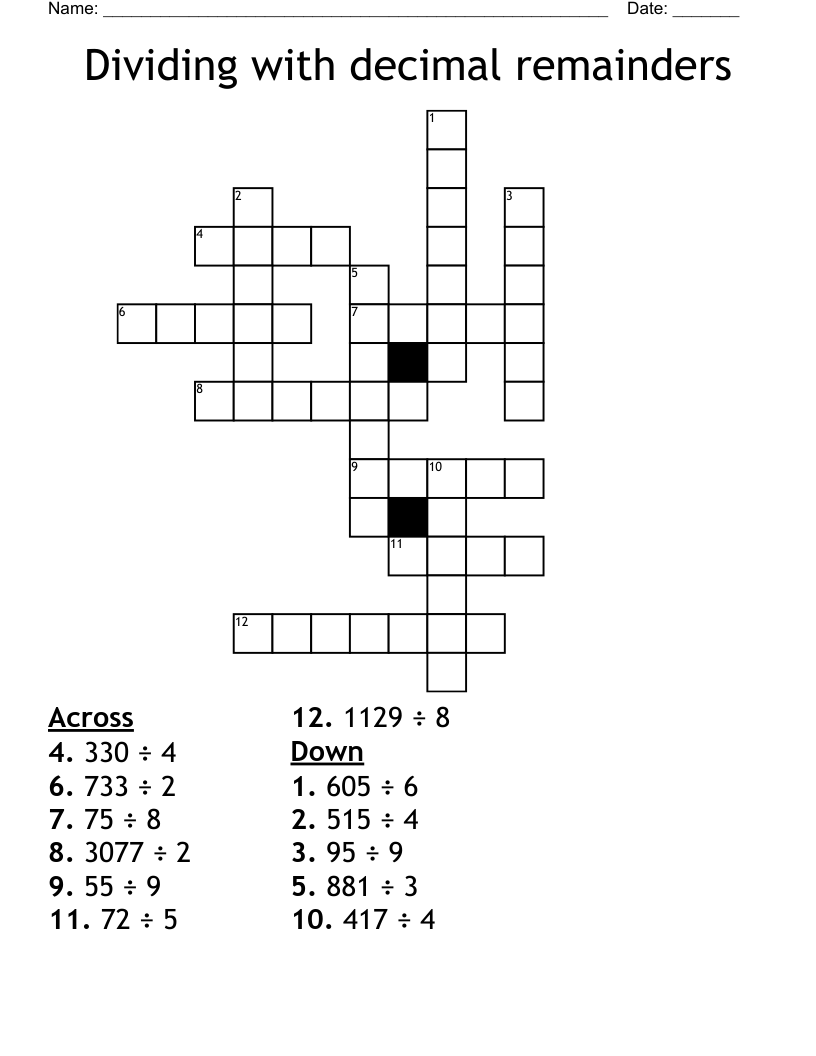 Dividing with decimal remainders Crossword