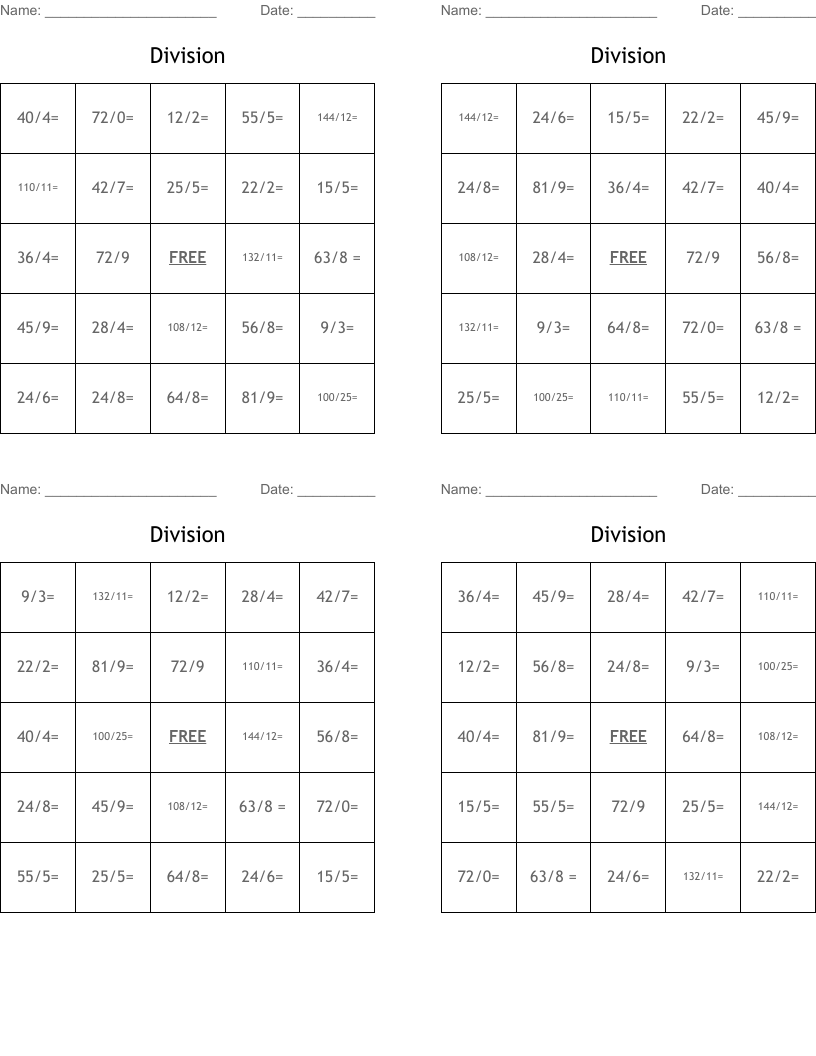 Division Bingo Cards