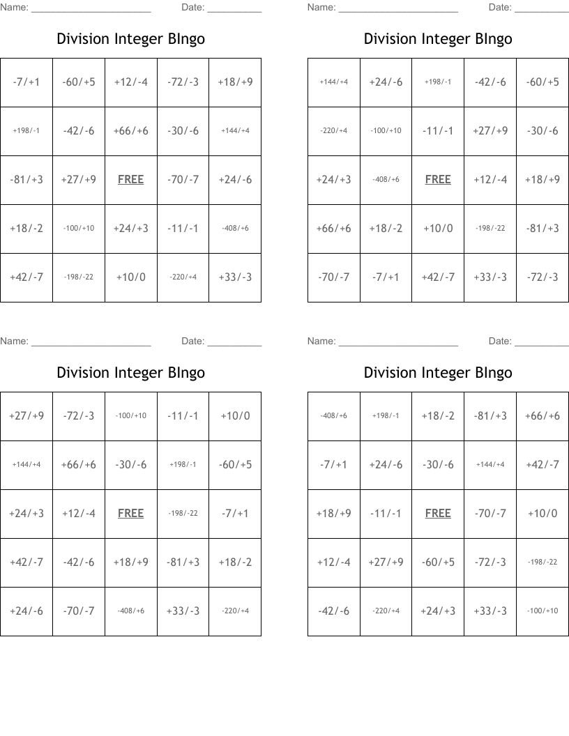 Division Integer BIngo