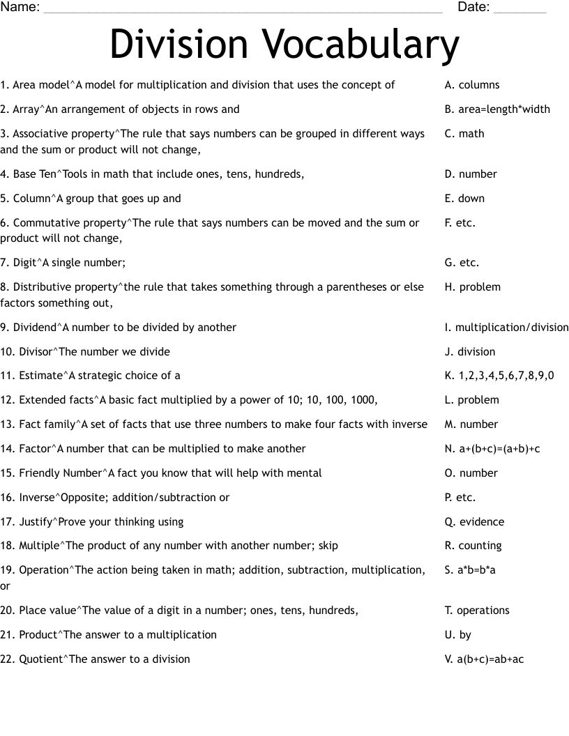 Division Vocabulary  Worksheet