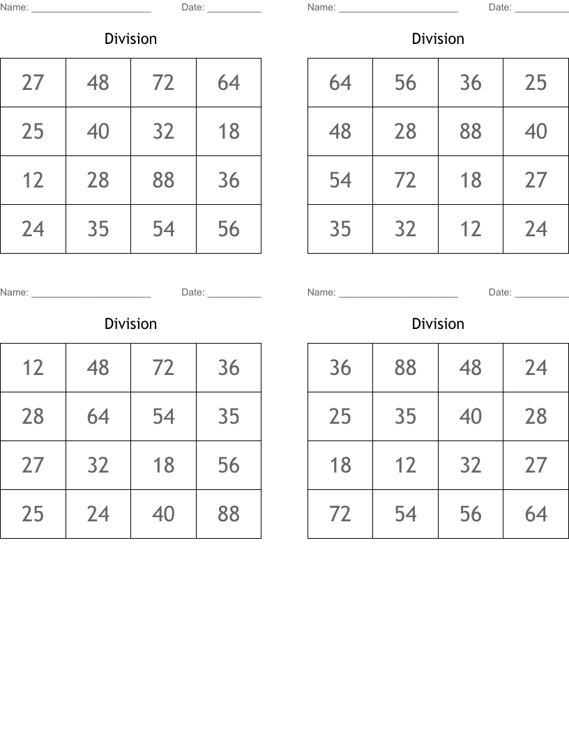 Division  Bingo Cards