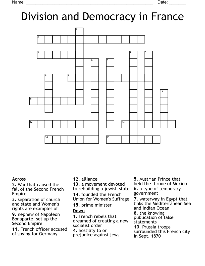 Division and Democracy in France Crossword