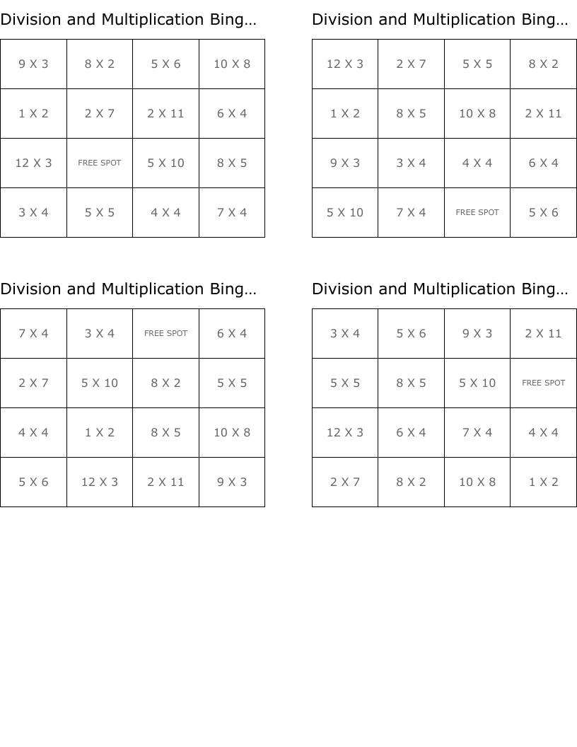 Division and Multiplication Bingo Board A