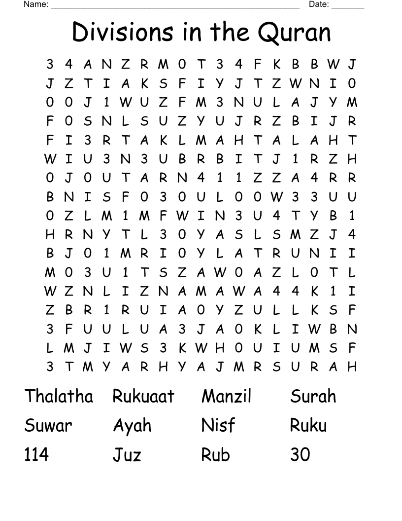 Divisions in the Quran Word Search