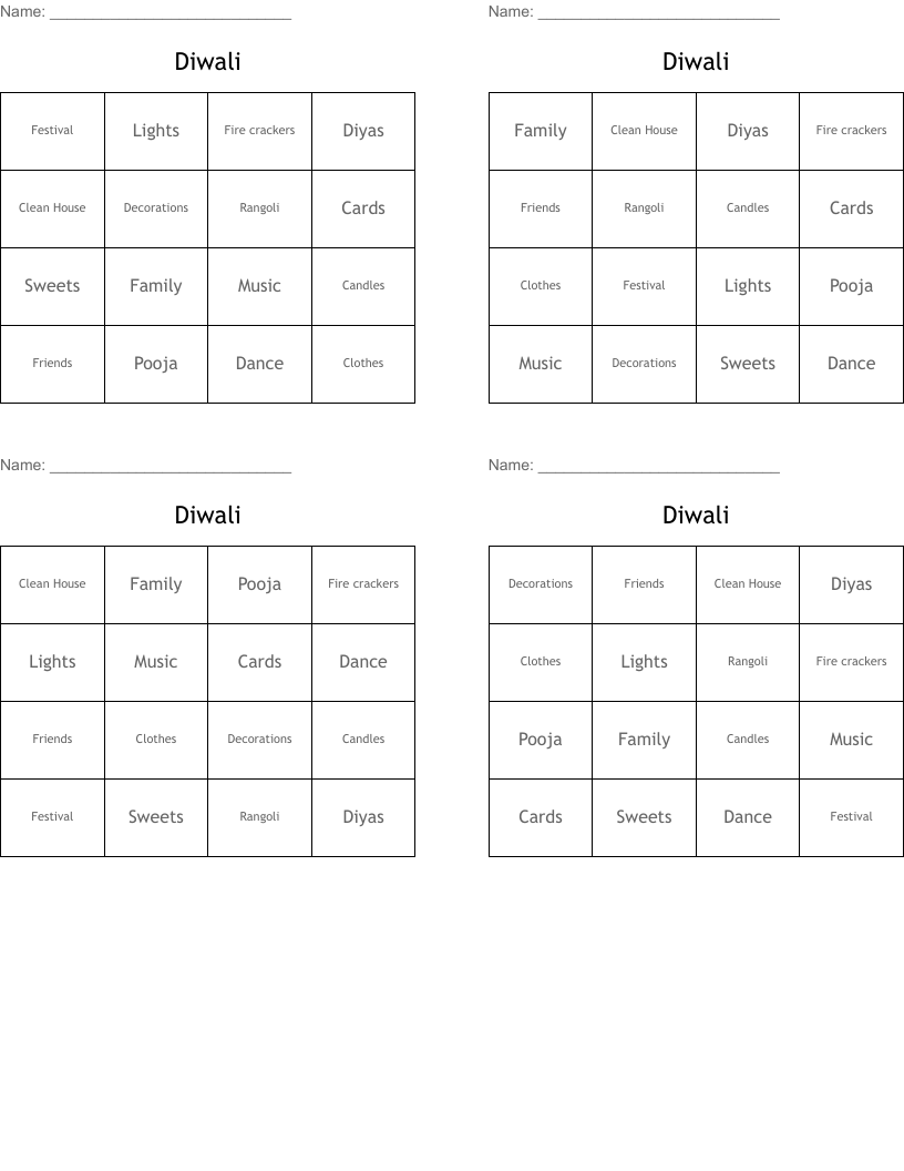 Diwali Bingo Cards