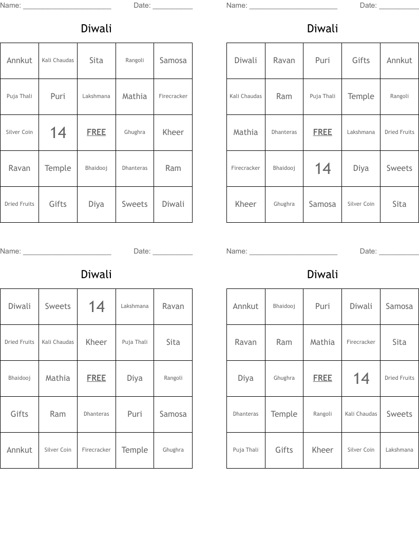 Diwali Bingo Cards