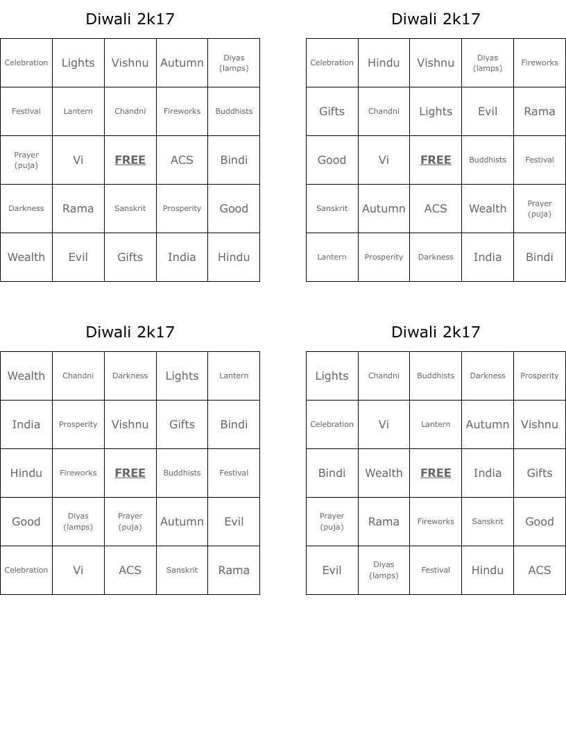 Diwali 2k17 Bingo Cards