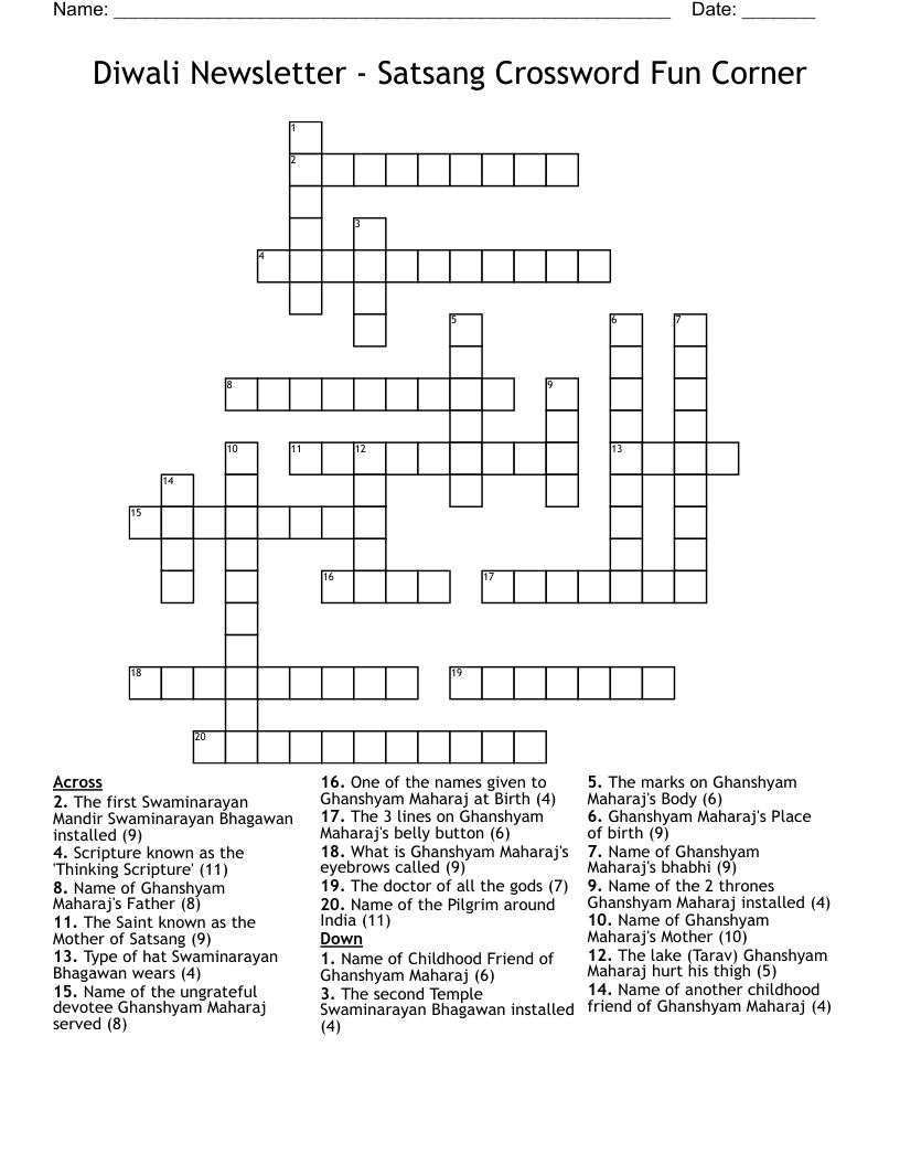 Diwali Newsletter - Satsang Crossword Fun Corner
