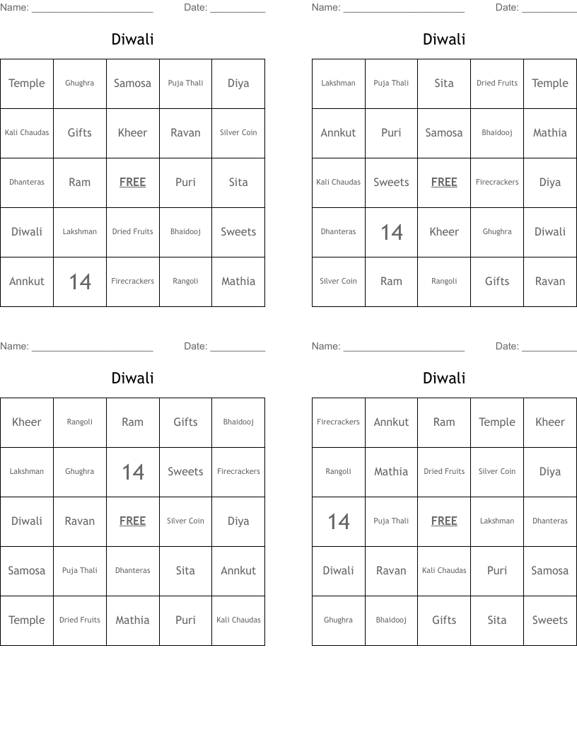 Diwali  Bingo Cards