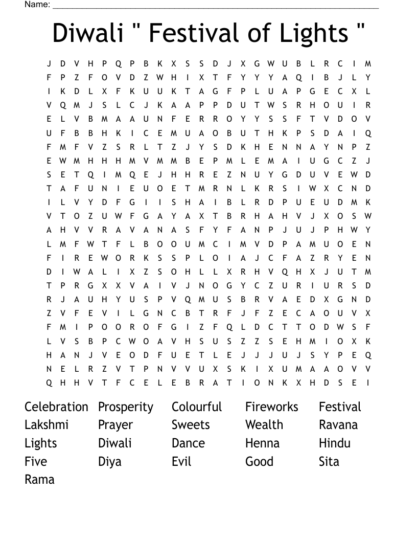 Diwali " Festival of Lights " Word Search