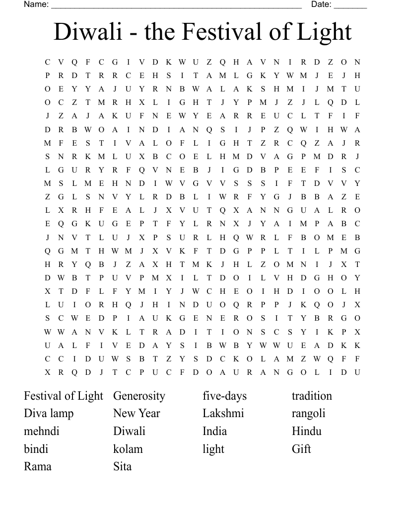 Diwali - the Festival of Light Word Search