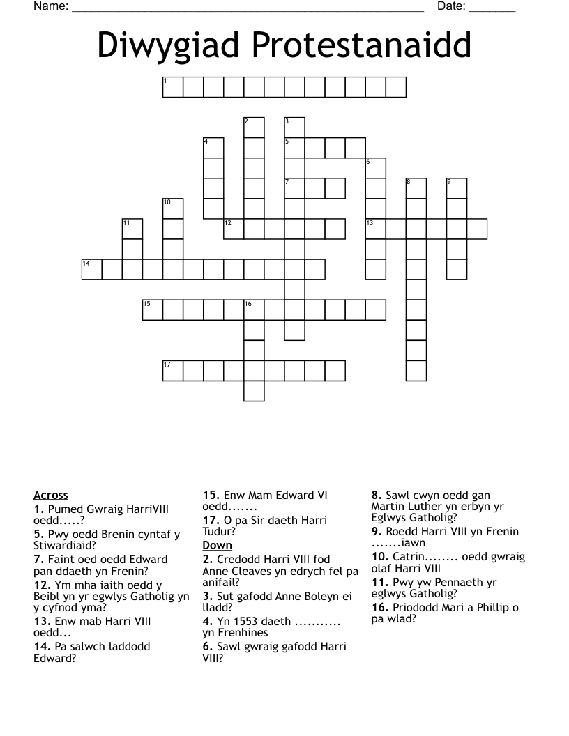 Diwygiad Protestanaidd Crossword