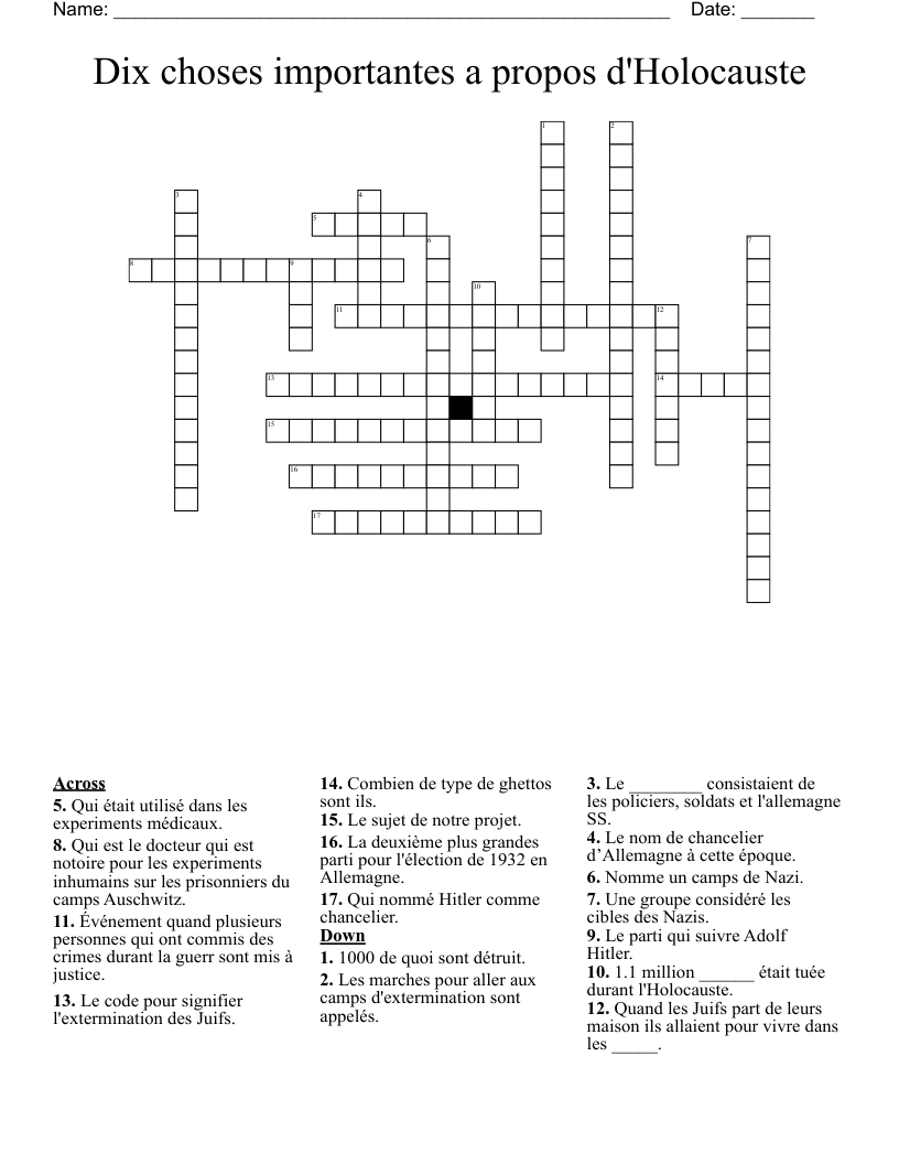 Dix choses importantes a propos d'Holocauste Crossword