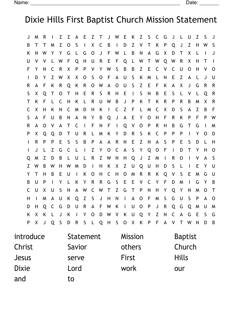 Dixie Hills First Baptist Church Mission Statement Word Search