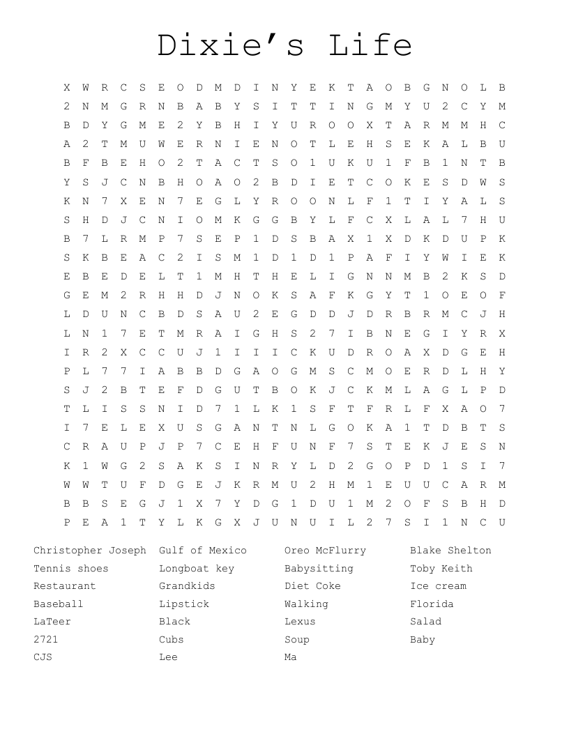 Dixie’s Life  Word Search