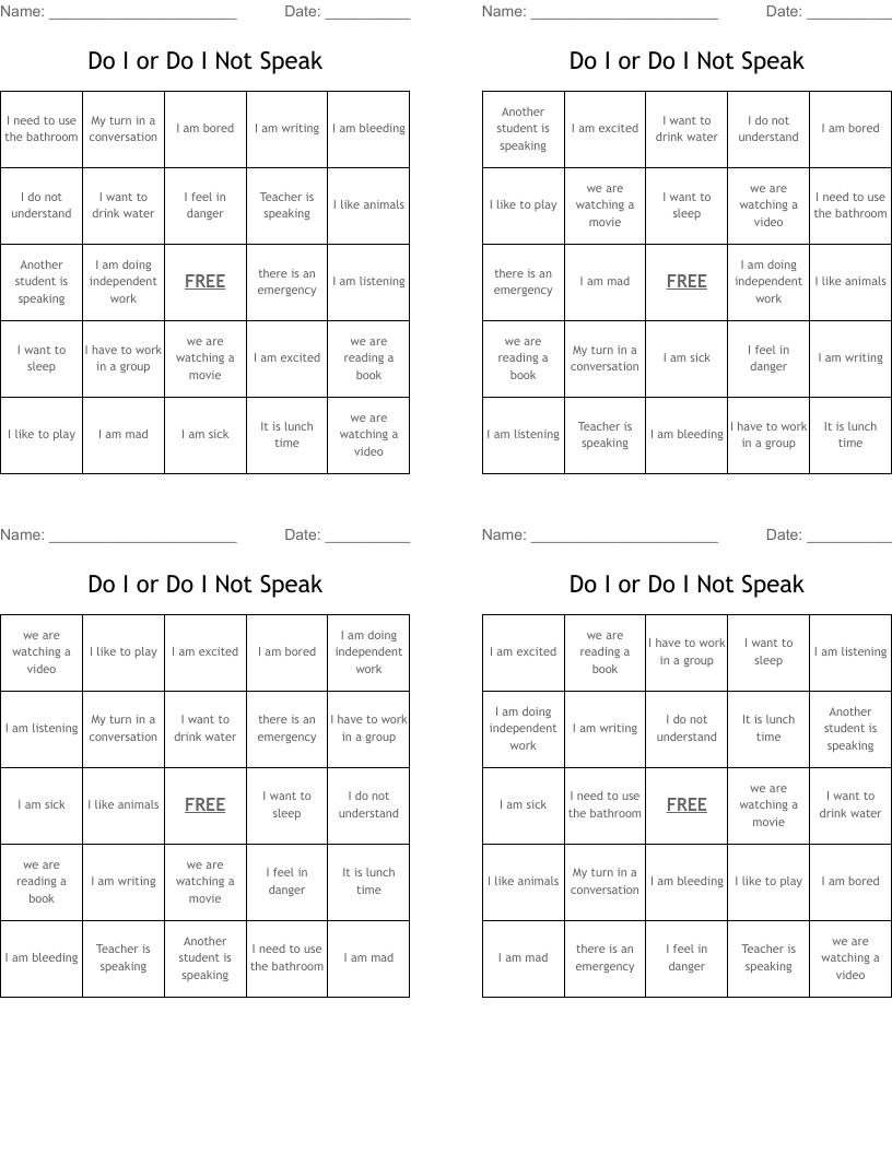 Do I or Do I Not Speak  Bingo Cards