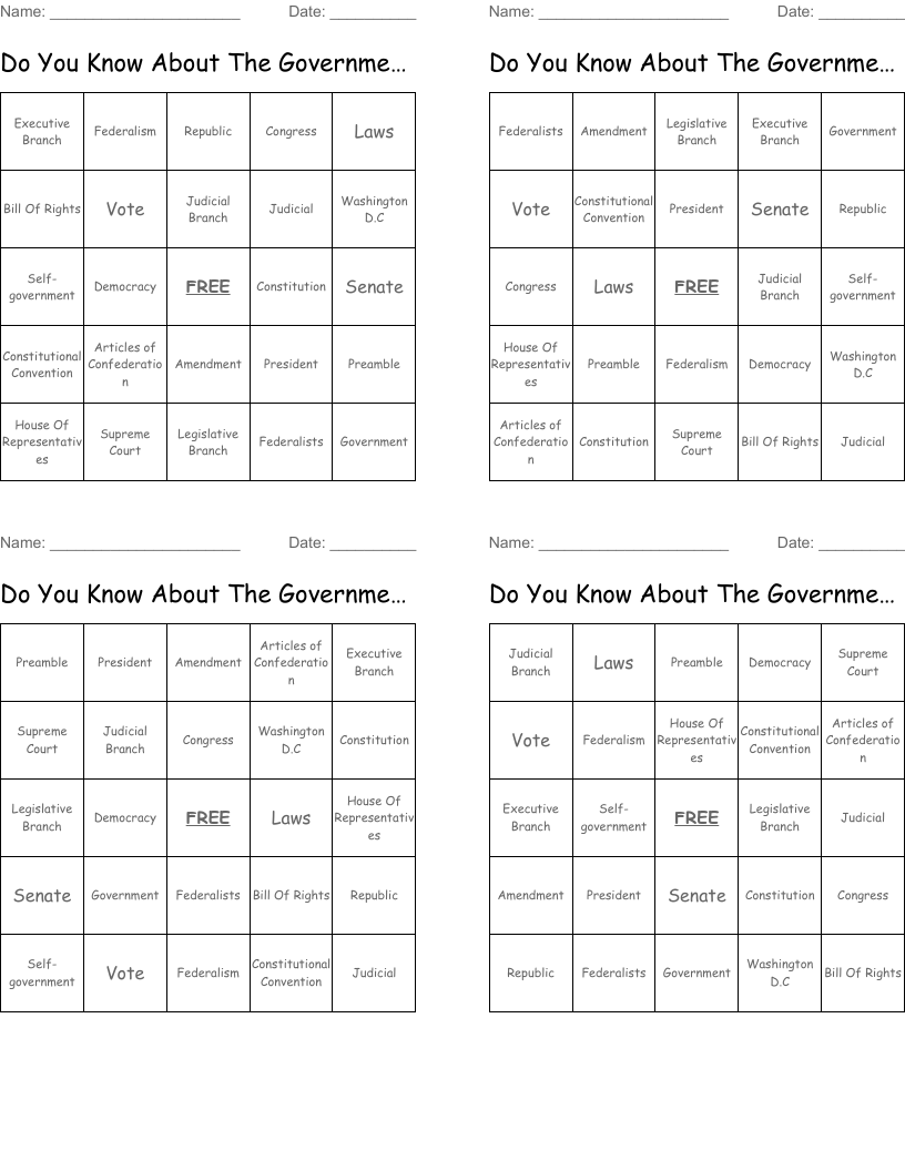 Do You Know About The Government? Bingo Cards