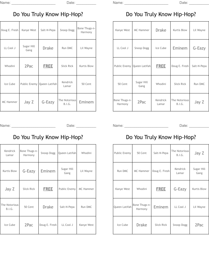 Do You Truly Know Hip-Hop? Bingo Cards