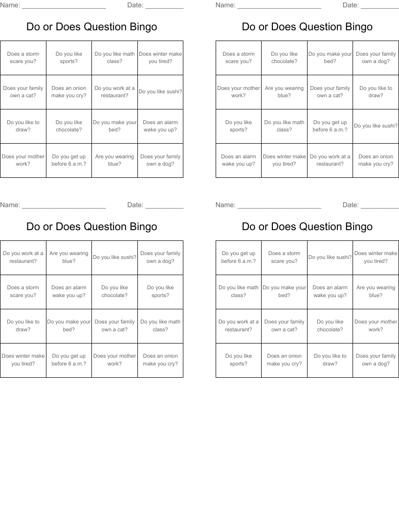 Do or Does Question Bingo