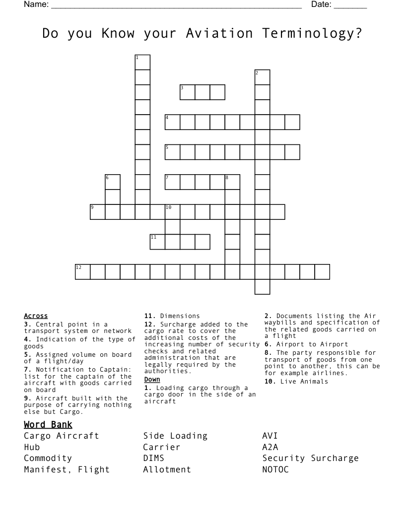 Do you Know your Aviation Terminology? Crossword