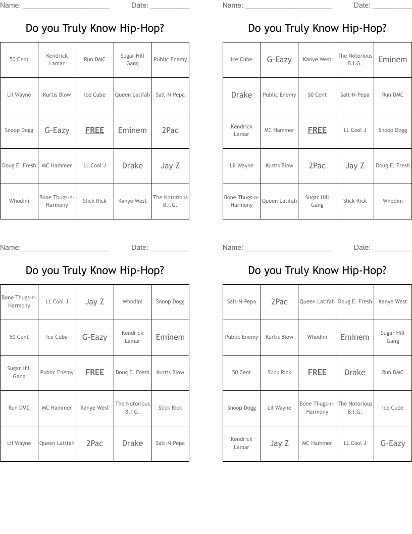 Do you Truly Know Hip-Hop? Bingo Cards
