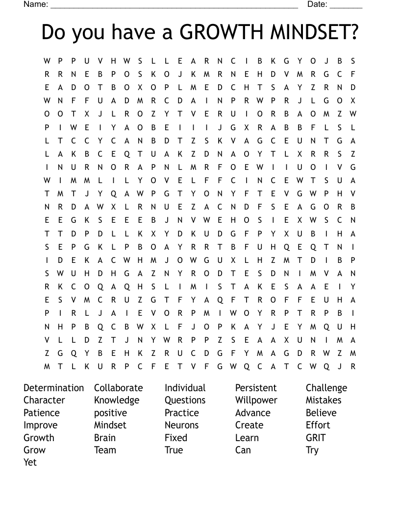 Do you have a GROWTH MINDSET? Word Search